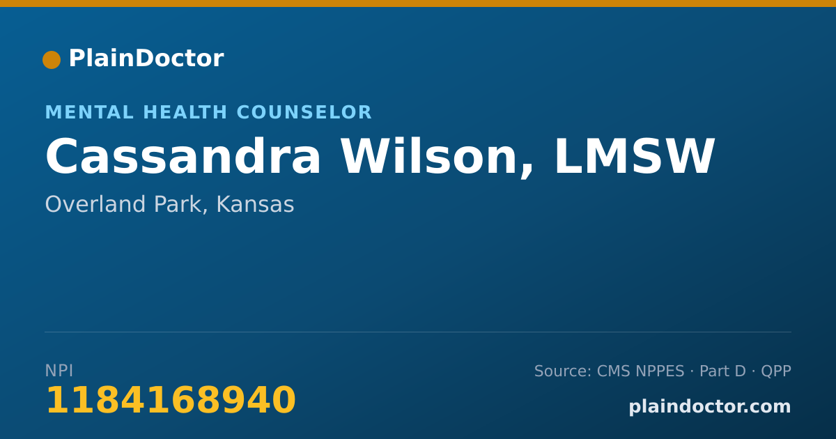 Shareable card for Cassandra Wilson, LMSW - Mental Health Counselor, Overland Park, KS