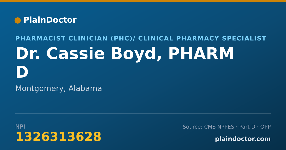 Shareable card for Cassie Boyd, PHARM D - Pharmacist Clinician (PhC)/ Clinical Pharmacy Specialist, Montgomery, AL