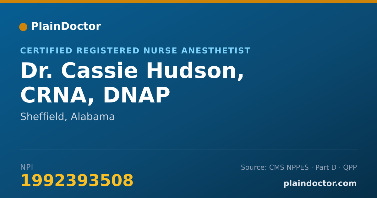 Shareable card for Cassie Hudson, CRNA, DNAP - Certified Registered Nurse Anesthetist, Sheffield, AL