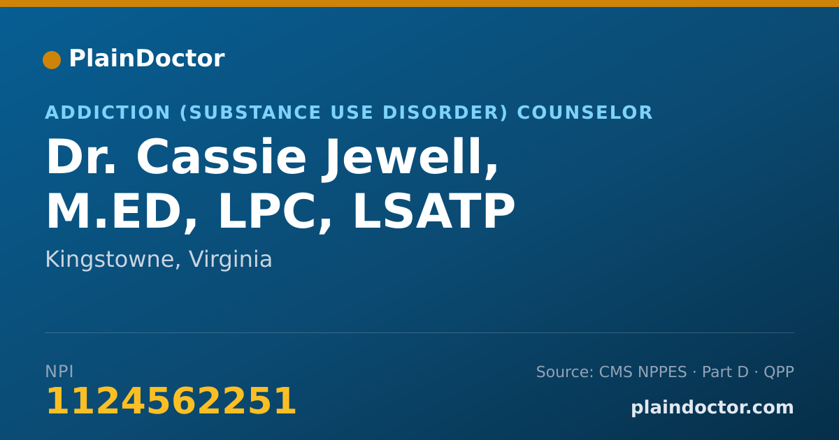 Shareable card for Cassie Jewell, M.ED, LPC, LSATP - Addiction (Substance Use Disorder) Counselor, Kingstowne, VA