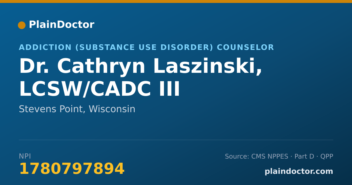 Shareable card for Cathryn Laszinski, LCSW/CADC III - Addiction (Substance Use Disorder) Counselor, Stevens Point, WI