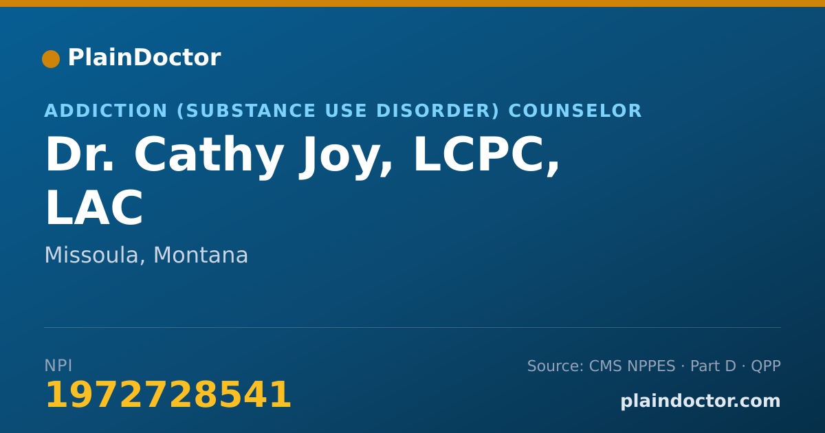 Shareable card for Cathy Joy, LCPC, LAC - Addiction (Substance Use Disorder) Counselor, Missoula, MT