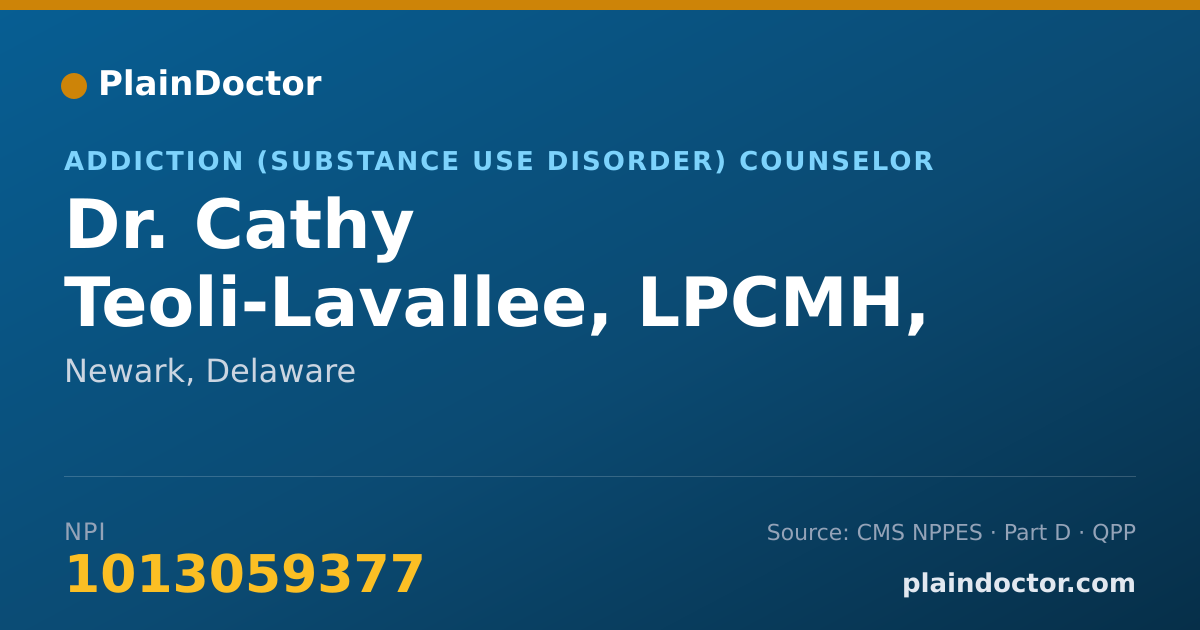Shareable card for Cathy Teoli-Lavallee, LPCMH, LCDP - Addiction (Substance Use Disorder) Counselor, Newark, DE