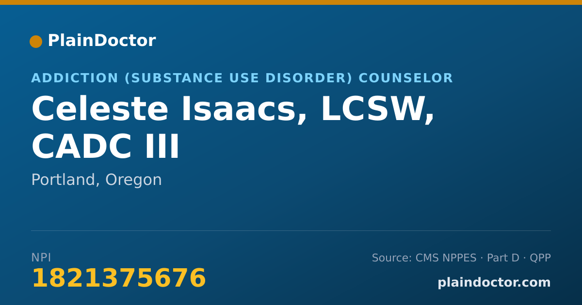 Shareable card for Celeste Isaacs, LCSW, CADC III - Addiction (Substance Use Disorder) Counselor, Portland, OR
