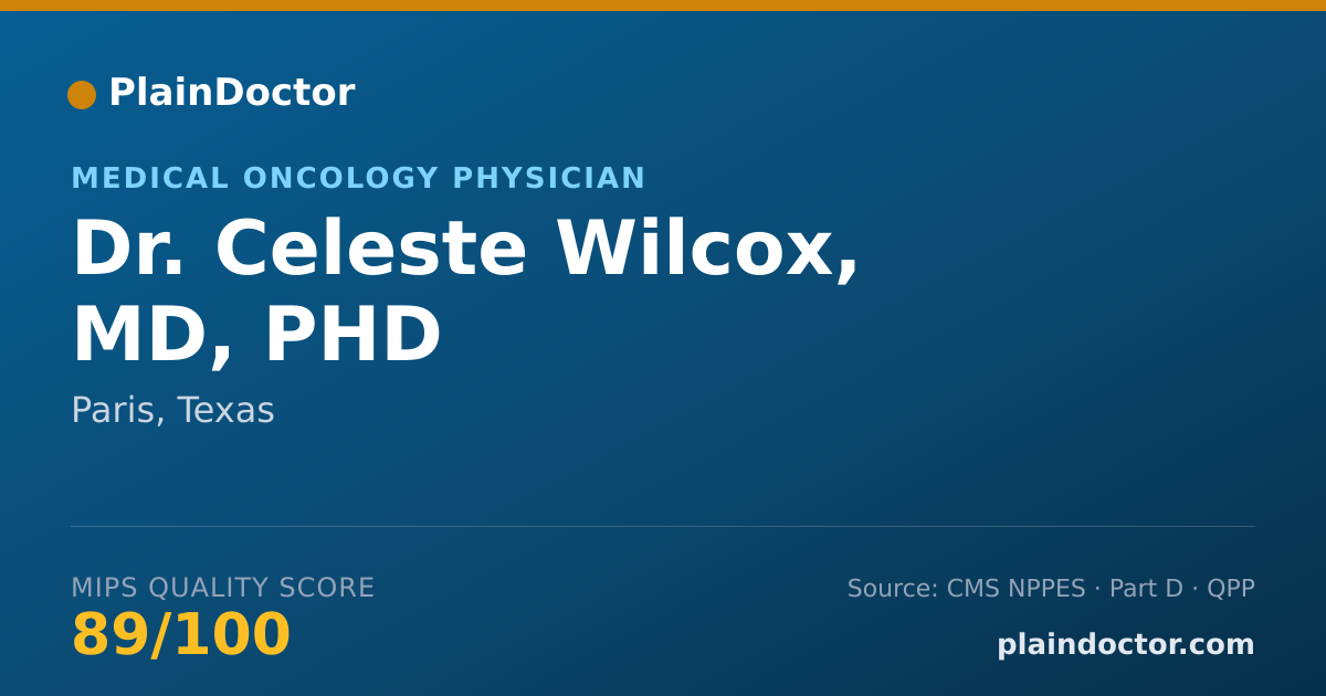 Shareable card for Celeste Wilcox, MD, PHD - Medical Oncology Physician, Paris, TX