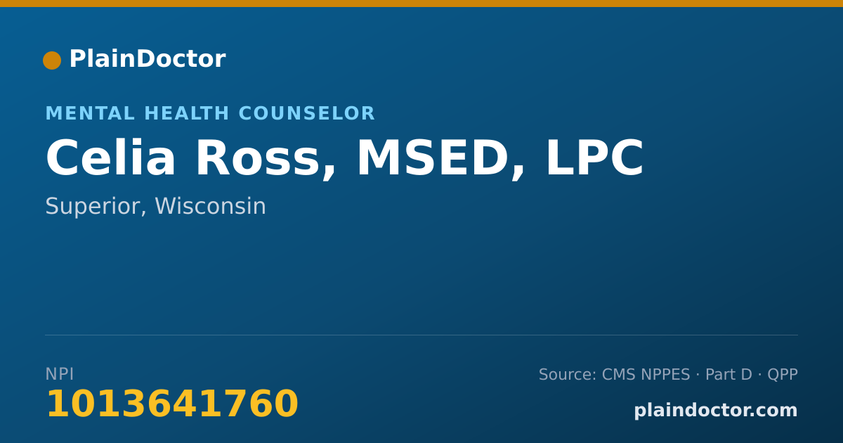 Shareable card for Celia Ross, MSED, LPC - Mental Health Counselor, Superior, WI