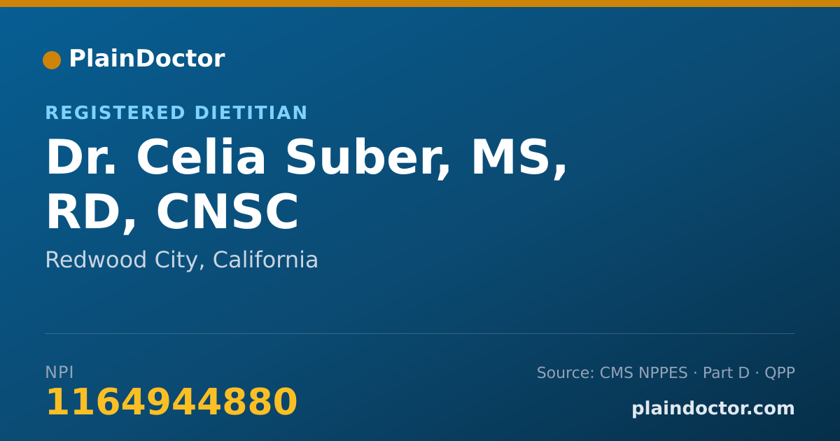 Shareable card for Celia Suber, MS, RD, CNSC - Registered Dietitian, Redwood City, CA