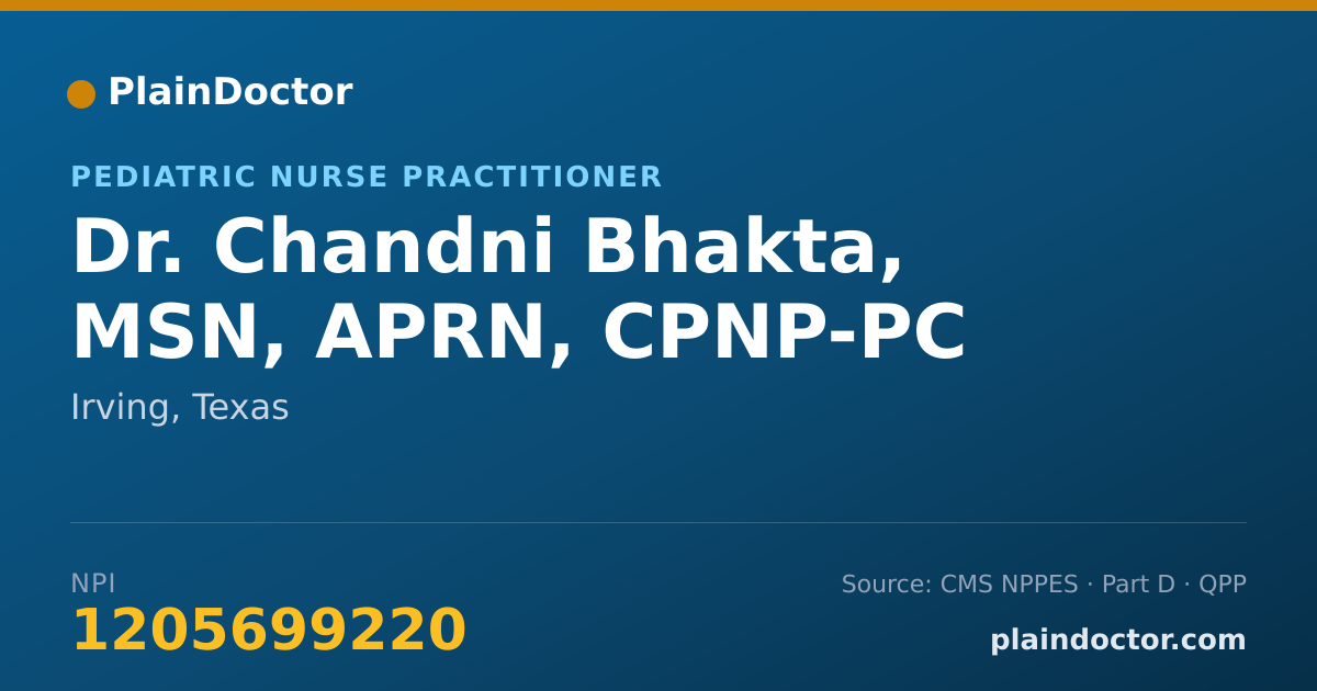 Shareable card for Chandni Bhakta, MSN, APRN, CPNP-PC - Pediatric Nurse Practitioner, Irving, TX