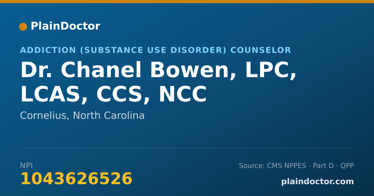 Shareable card for Chanel Bowen, LPC, LCAS, CCS, NCC - Addiction (Substance Use Disorder) Counselor, Cornelius, NC