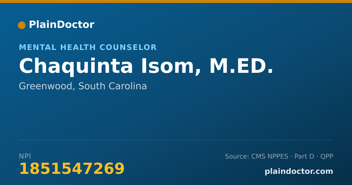 Shareable card for Chaquinta Isom, M.ED. - Mental Health Counselor, Greenwood, SC