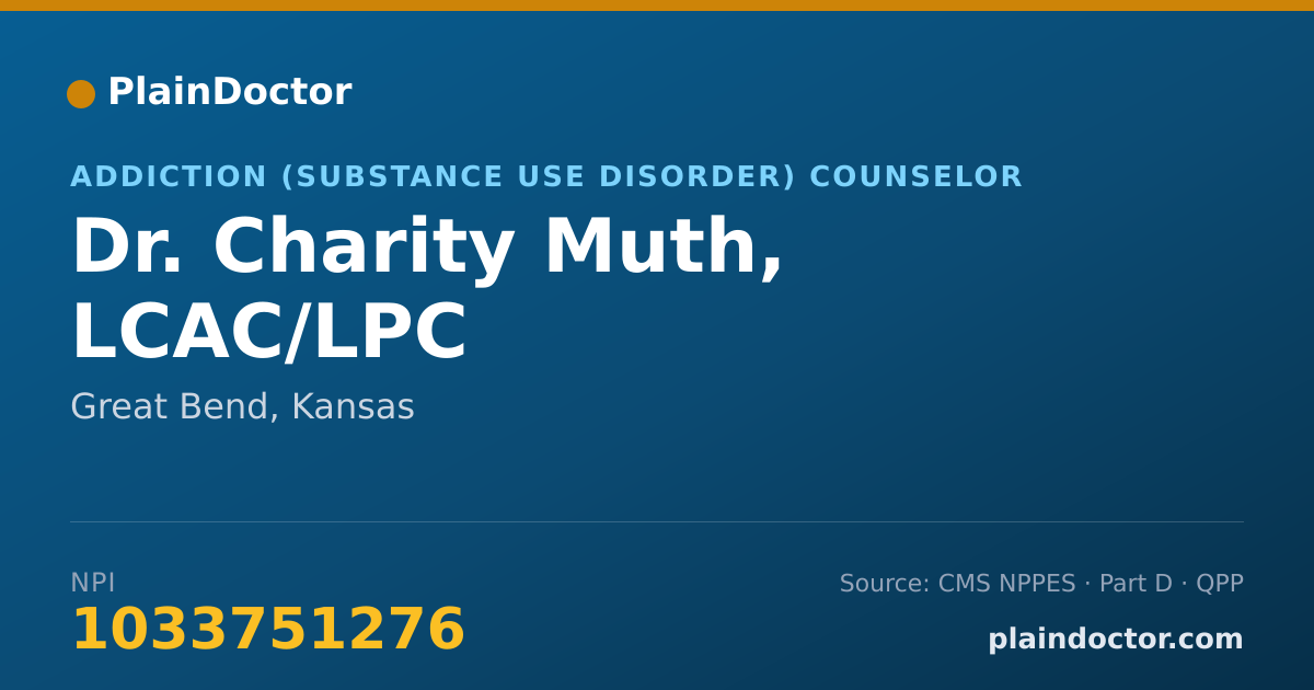 Shareable card for Charity Muth, LCAC/LPC - Addiction (Substance Use Disorder) Counselor, Great Bend, KS