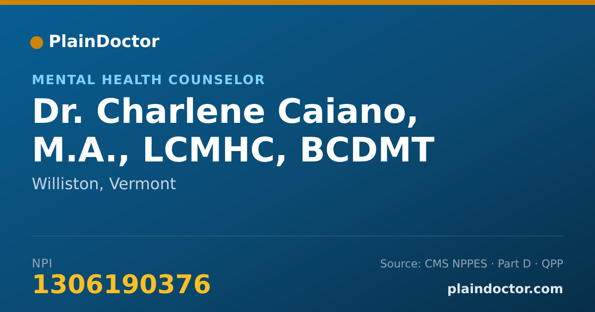 Shareable card for Charlene Caiano, M.A., LCMHC, BCDMT - Mental Health Counselor, Williston, VT