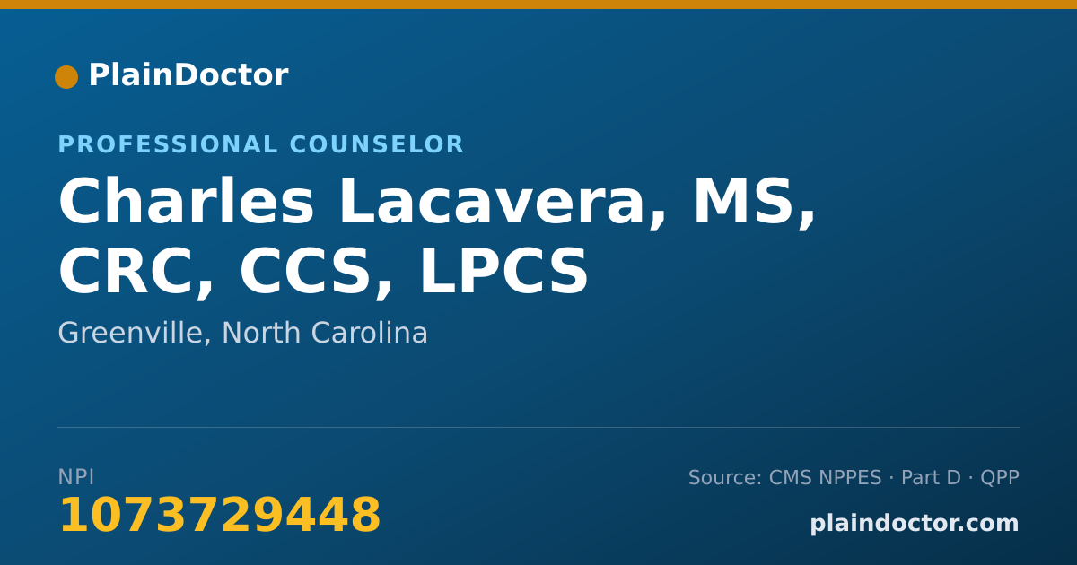 Shareable card for Charles Lacavera, MS, CRC, CCS, LPCS - Addiction (Substance Use Disorder) Counselor, Greenville, NC