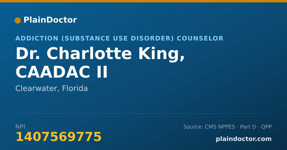 Shareable card for Charlotte King, CAADAC II - Addiction (Substance Use Disorder) Counselor, Clearwater, FL