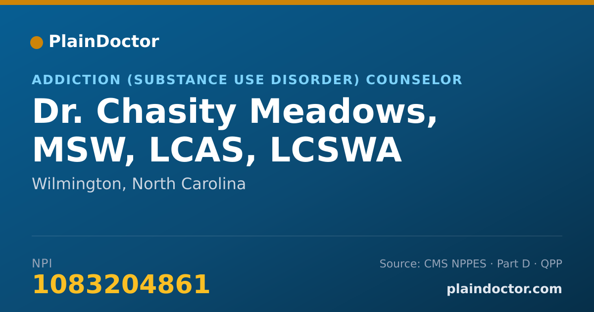 Shareable card for Chasity Meadows, MSW, LCAS, LCSWA - Addiction (Substance Use Disorder) Counselor, Wilmington, NC