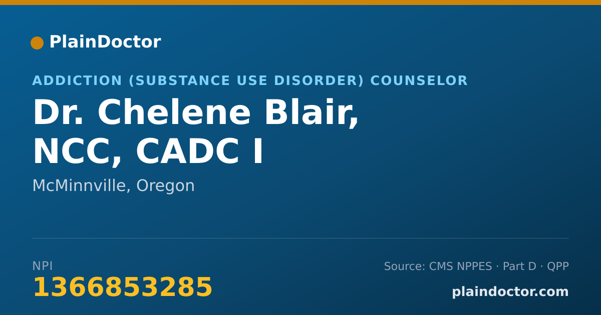 Shareable card for Chelene Blair, NCC, CADC I - Addiction (Substance Use Disorder) Counselor, McMinnville, OR