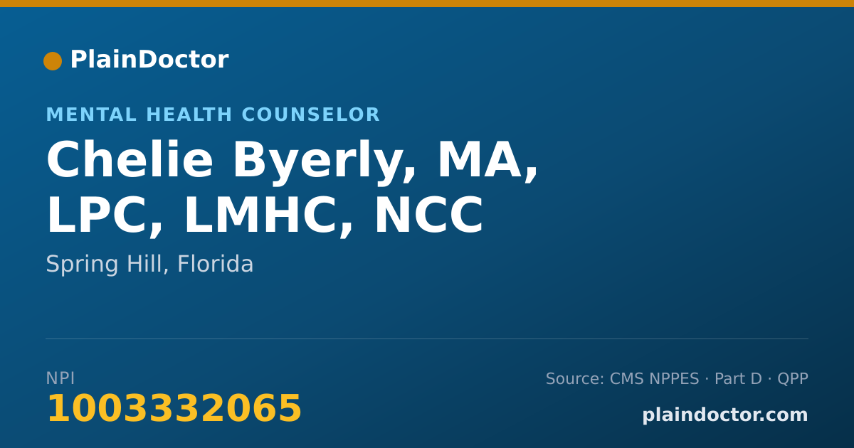 Shareable card for Chelie Byerly, MA, LPC, LMHC, NCC - Mental Health Counselor, Spring Hill, FL
