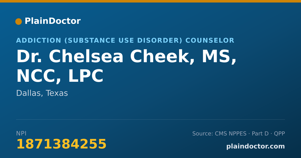 Shareable card for Chelsea Cheek, MS, NCC, LPC - Addiction (Substance Use Disorder) Counselor, Dallas, TX