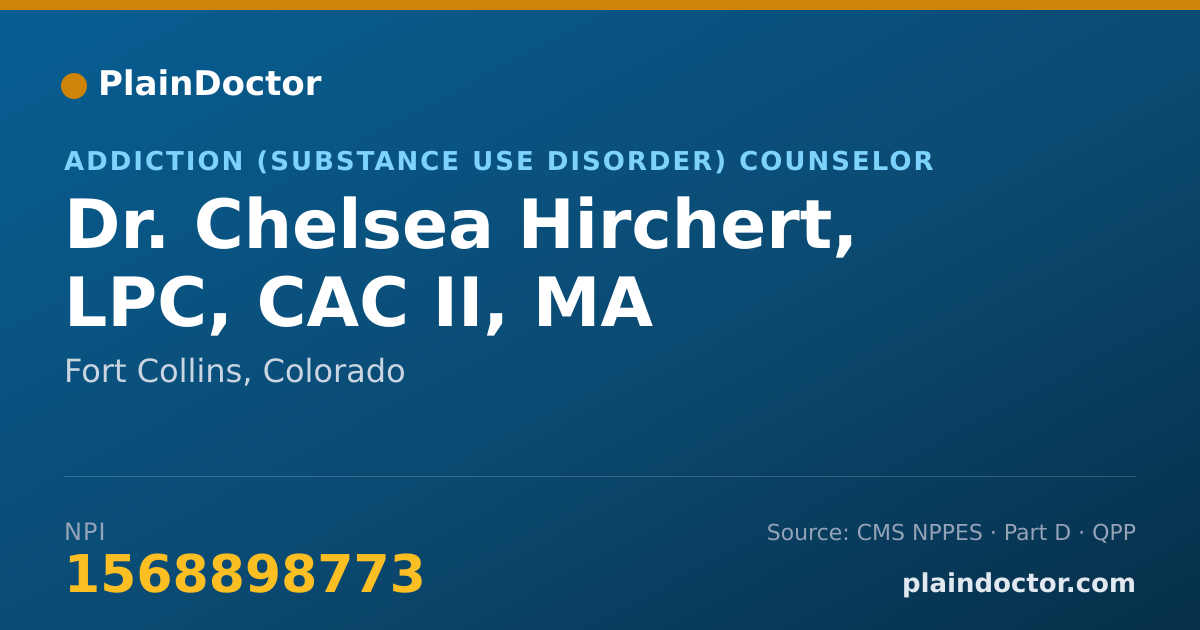 Shareable card for Chelsea Hirchert, LPC, CAC II, MA - Addiction (Substance Use Disorder) Counselor, Fort Collins, CO