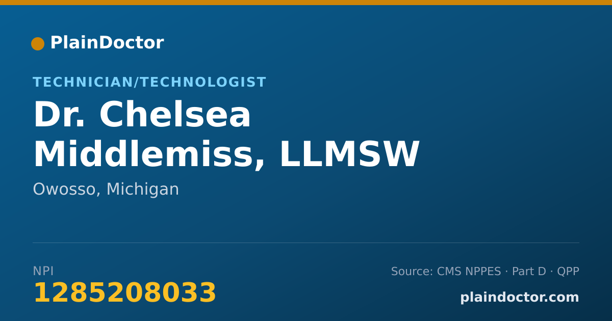 Shareable card for Chelsea Middlemiss, LLMSW - Technician/Technologist, Owosso, MI