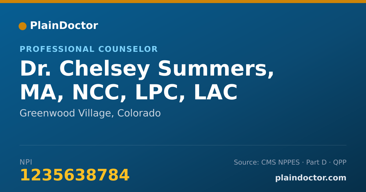 Shareable card for Chelsey Summers, MA, NCC, LPC, LAC - Professional Counselor, Greenwood Village, CO