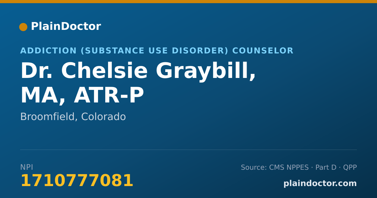 Shareable card for Chelsie Graybill, MA, ATR-P - Addiction (Substance Use Disorder) Counselor, Broomfield, CO