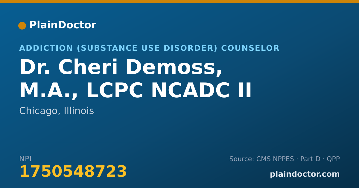 Shareable card for Cheri Demoss, M.A., LCPC NCADC II - Addiction (Substance Use Disorder) Counselor, Chicago, IL