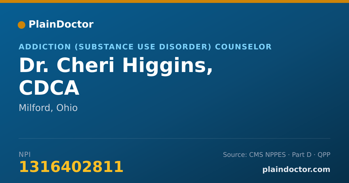 Shareable card for Cheri Higgins, CDCA - Addiction (Substance Use Disorder) Counselor, Milford, OH
