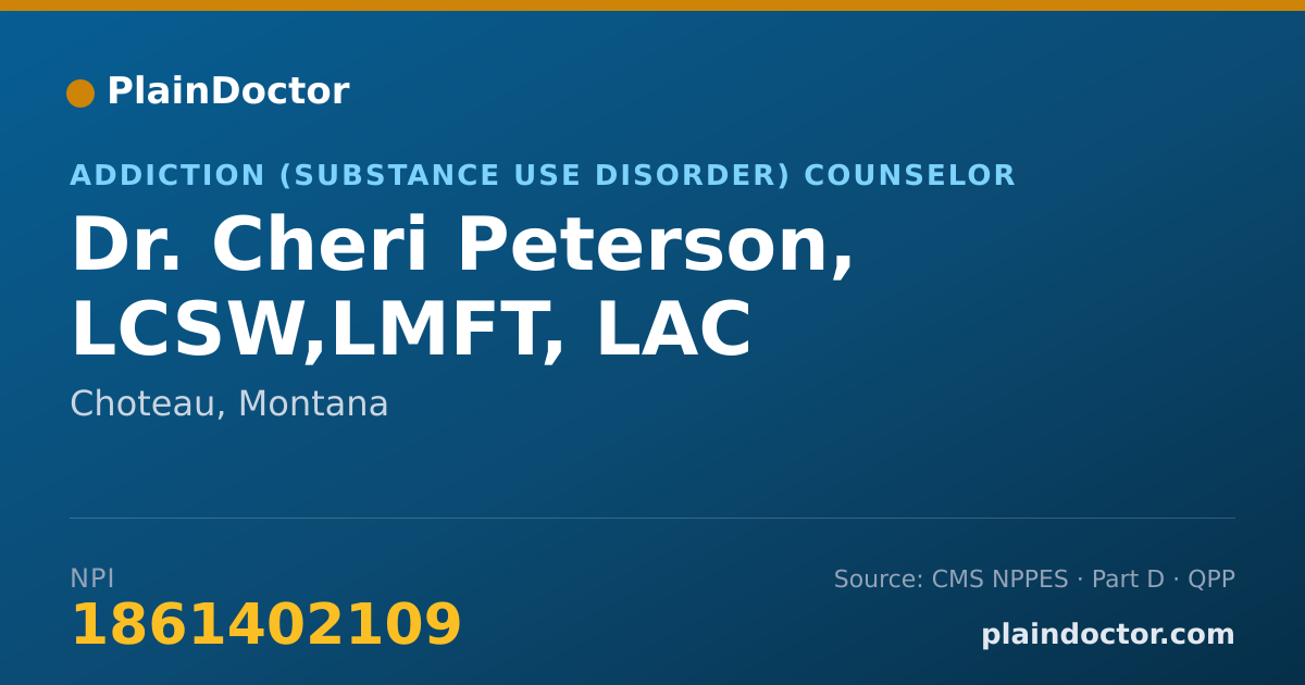 Shareable card for Cheri Peterson, LCSW,LMFT, LAC - Addiction (Substance Use Disorder) Counselor, Choteau, MT