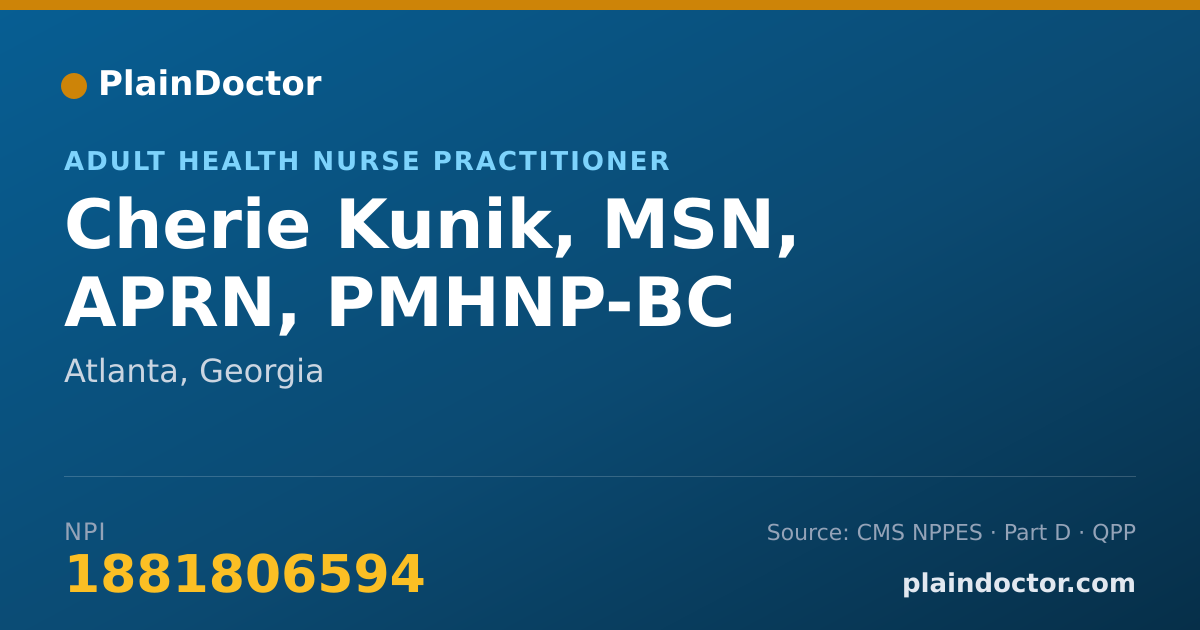 Shareable card for Cherie Kunik, MSN, APRN, PMHNP-BC - Adult Health Nurse Practitioner, Atlanta, GA