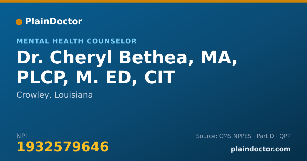 Shareable card for Cheryl Bethea, MA, PLCP, M. ED, CIT - Mental Health Counselor, Crowley, LA