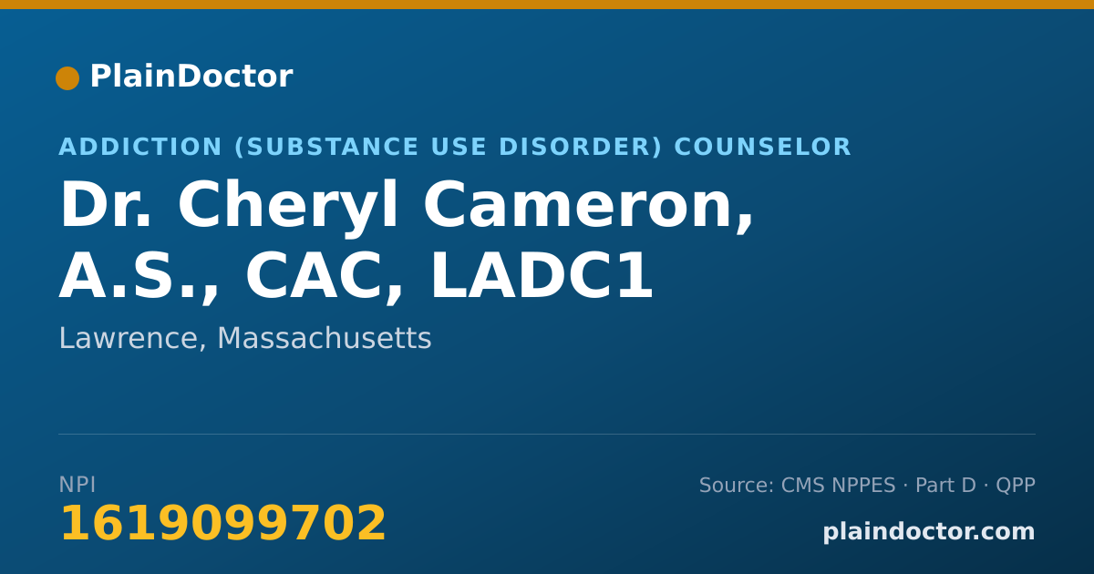Shareable card for Cheryl Cameron, A.S., CAC, LADC1 - Addiction (Substance Use Disorder) Counselor, Lawrence, MA