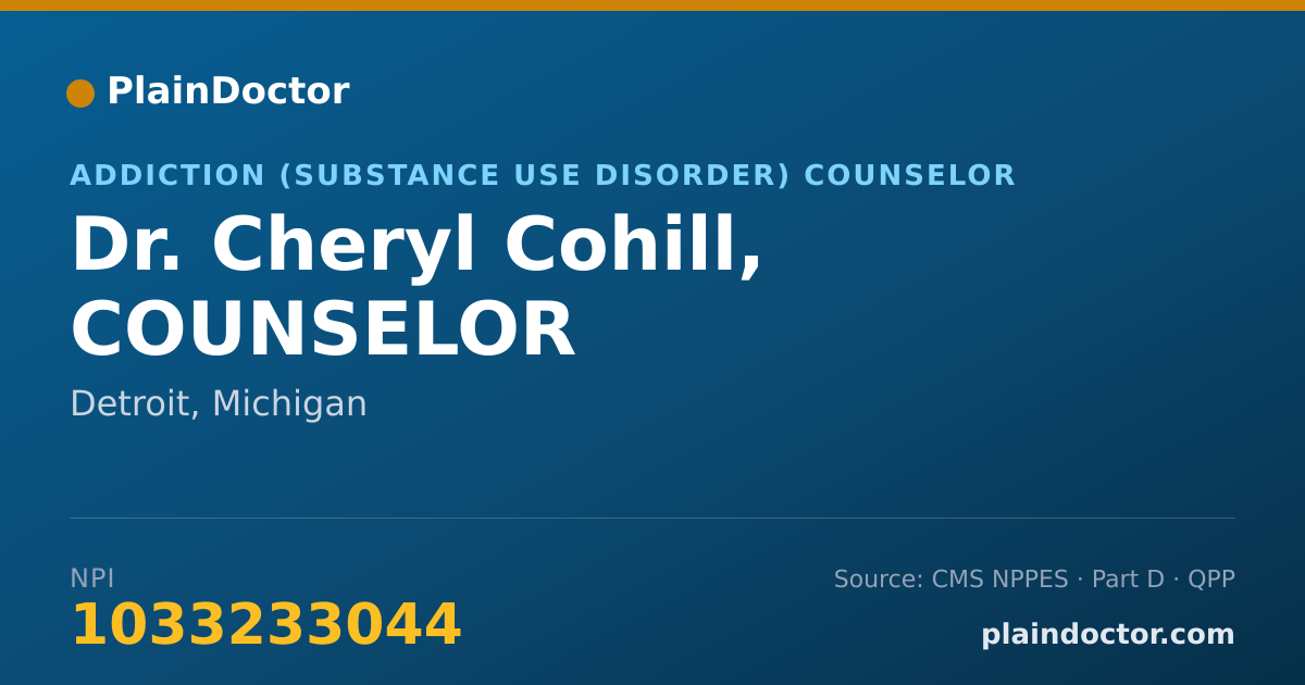 Shareable card for Cheryl Cohill, COUNSELOR - Addiction (Substance Use Disorder) Counselor, Detroit, MI
