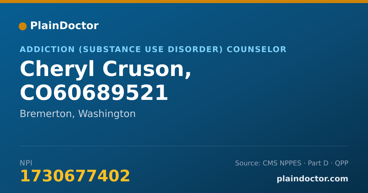 Shareable card for Cheryl Cruson, CO60689521 - Addiction (Substance Use Disorder) Counselor, Bremerton, WA