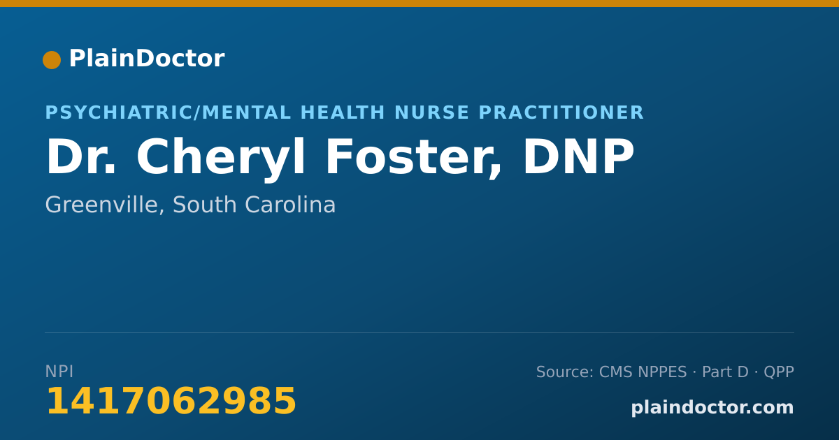 Shareable card for Cheryl Foster, DNP - Psychiatric/Mental Health Nurse Practitioner, Greenville, SC