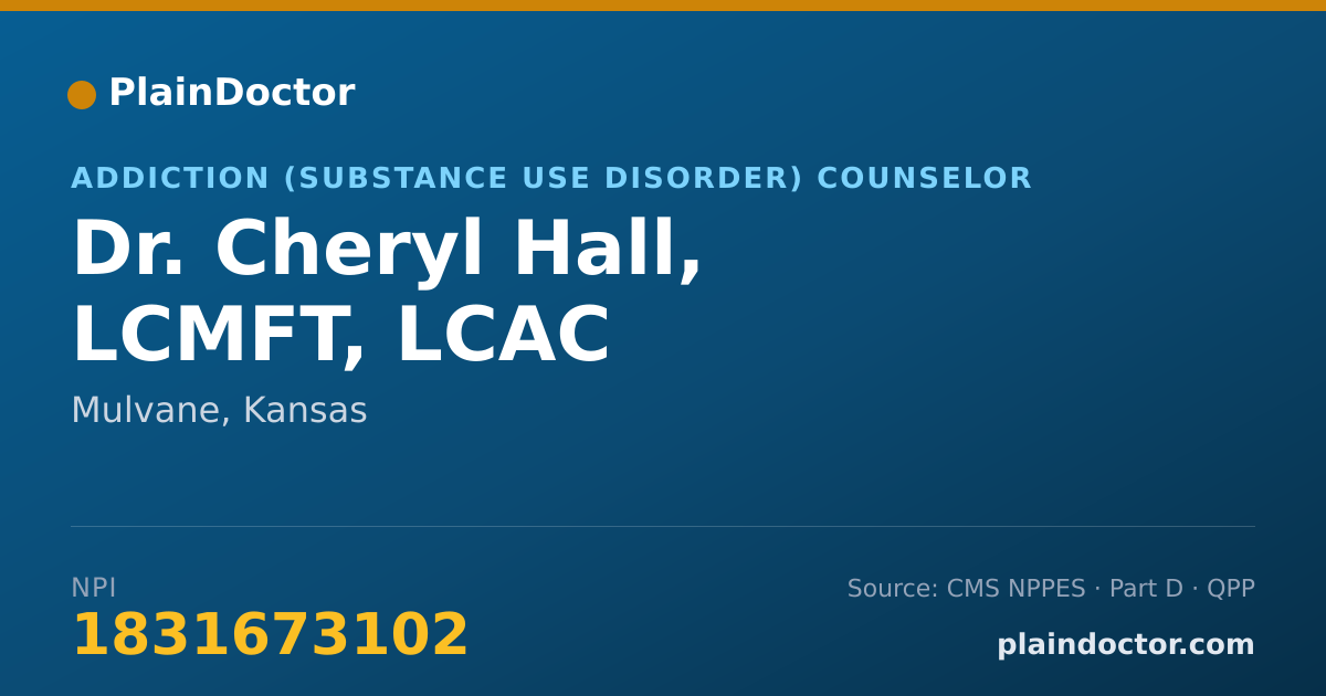 Shareable card for Cheryl Hall, LCMFT, LCAC - Addiction (Substance Use Disorder) Counselor, Mulvane, KS
