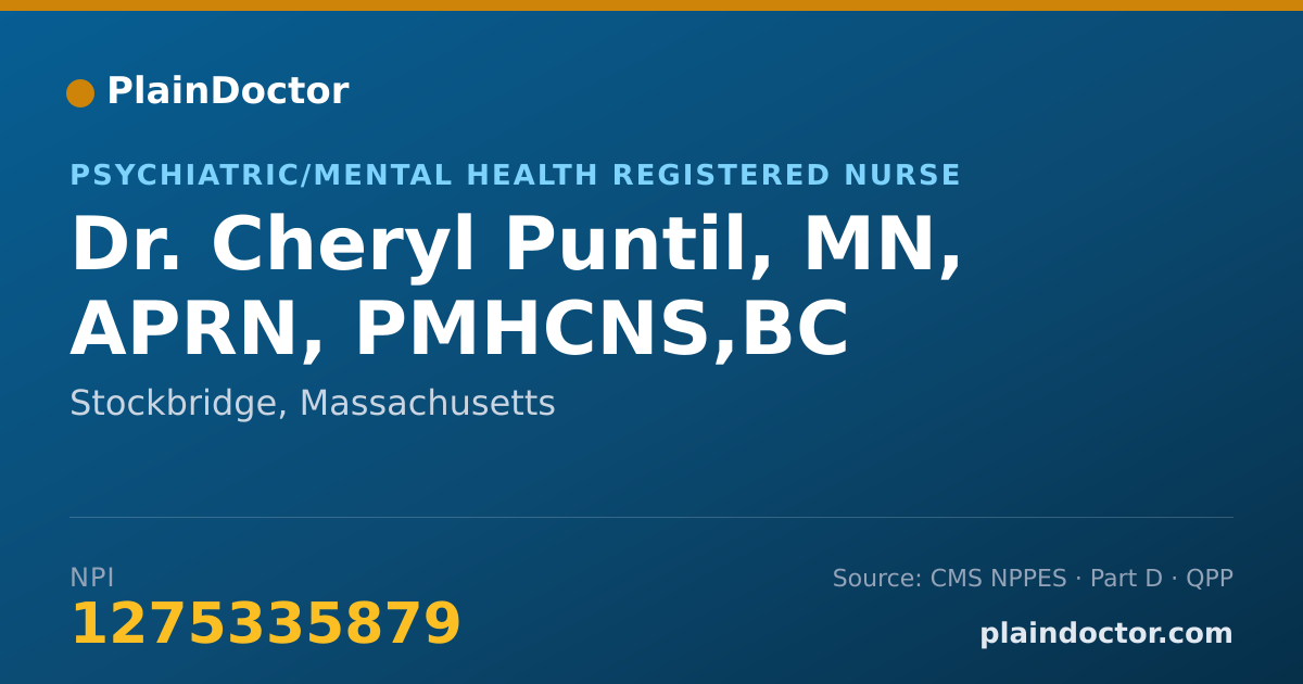 Shareable card for Cheryl Puntil, MN, APRN, PMHCNS,BC - Psychiatric/Mental Health Registered Nurse, Stockbridge, MA