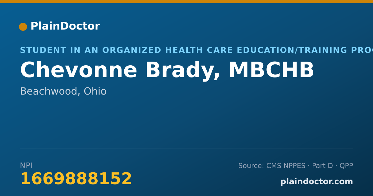 Shareable card for Chevonne Brady, MBCHB - Student in an Organized Health Care Education/Training Program, Beachwood, OH