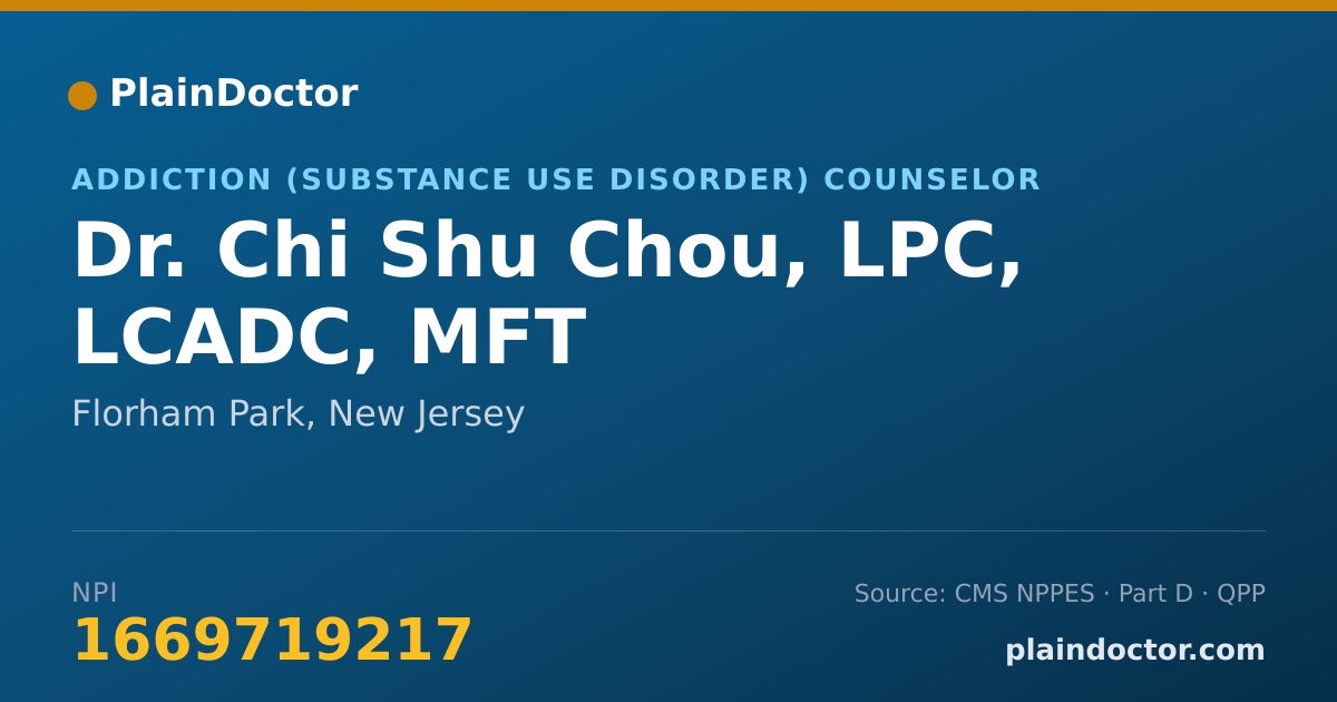 Shareable card for Chi Shu Chou, LPC, LCADC, MFT - Addiction (Substance Use Disorder) Counselor, Florham Park, NJ