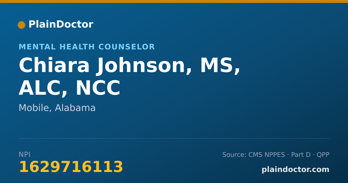 Shareable card for Chiara Johnson, MS, ALC, NCC - Mental Health Counselor, Mobile, AL