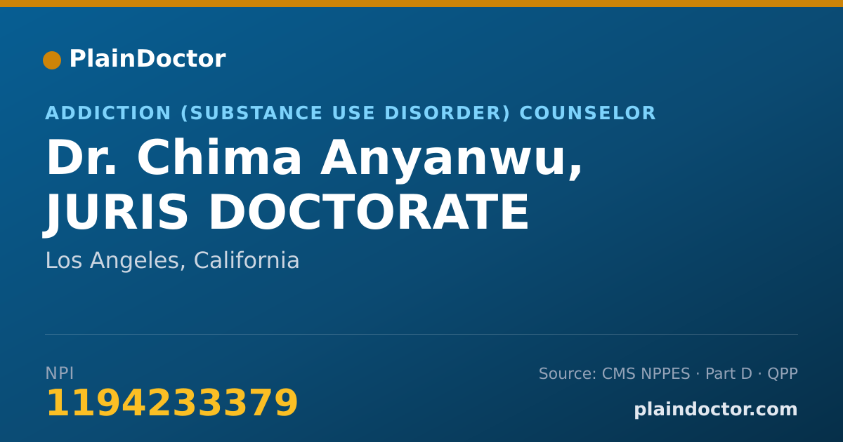 Shareable card for Chima Anyanwu, JURIS DOCTORATE - Addiction (Substance Use Disorder) Counselor, Los Angeles, CA