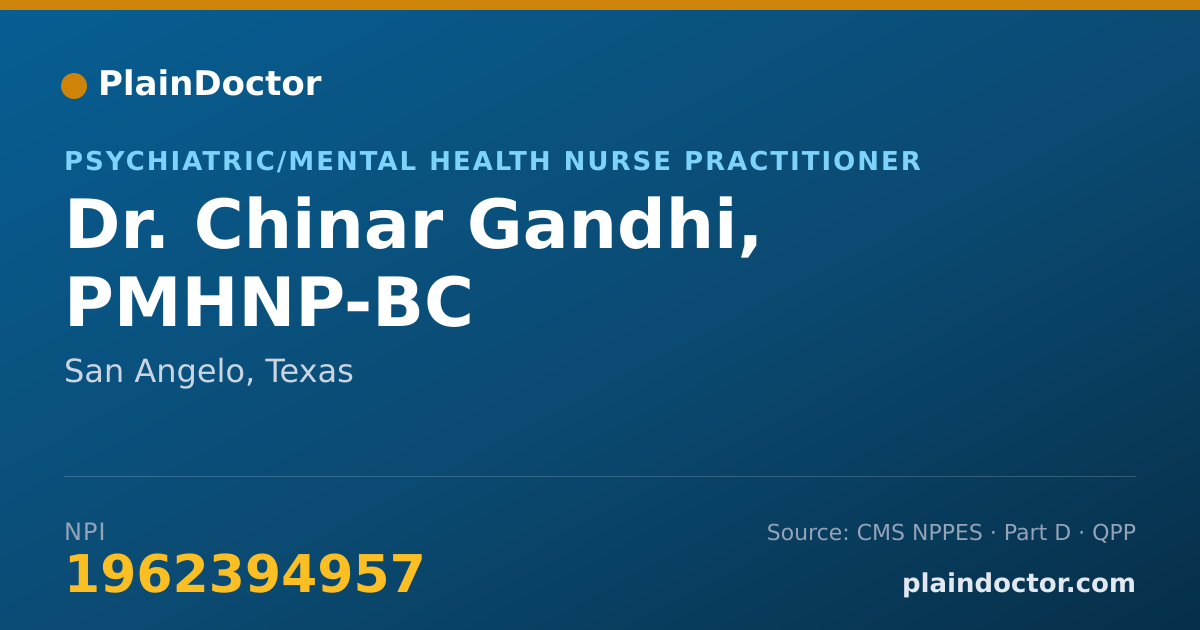 Shareable card for Chinar Gandhi, PMHNP-BC - Psychiatric/Mental Health Nurse Practitioner, San Angelo, TX