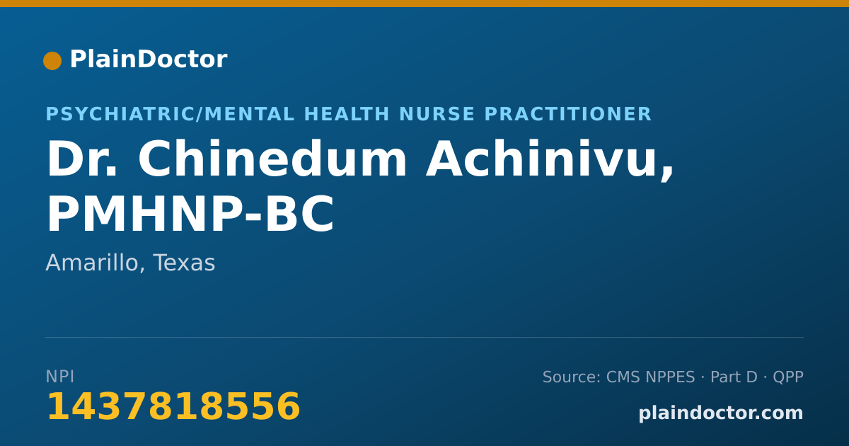 Shareable card for Chinedum Achinivu, PMHNP-BC - Psychiatric/Mental Health Nurse Practitioner, Amarillo, TX