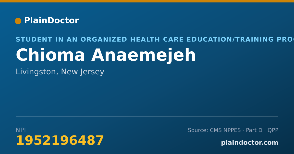 Shareable card for Chioma Anaemejeh - Student in an Organized Health Care Education/Training Program, Livingston, NJ