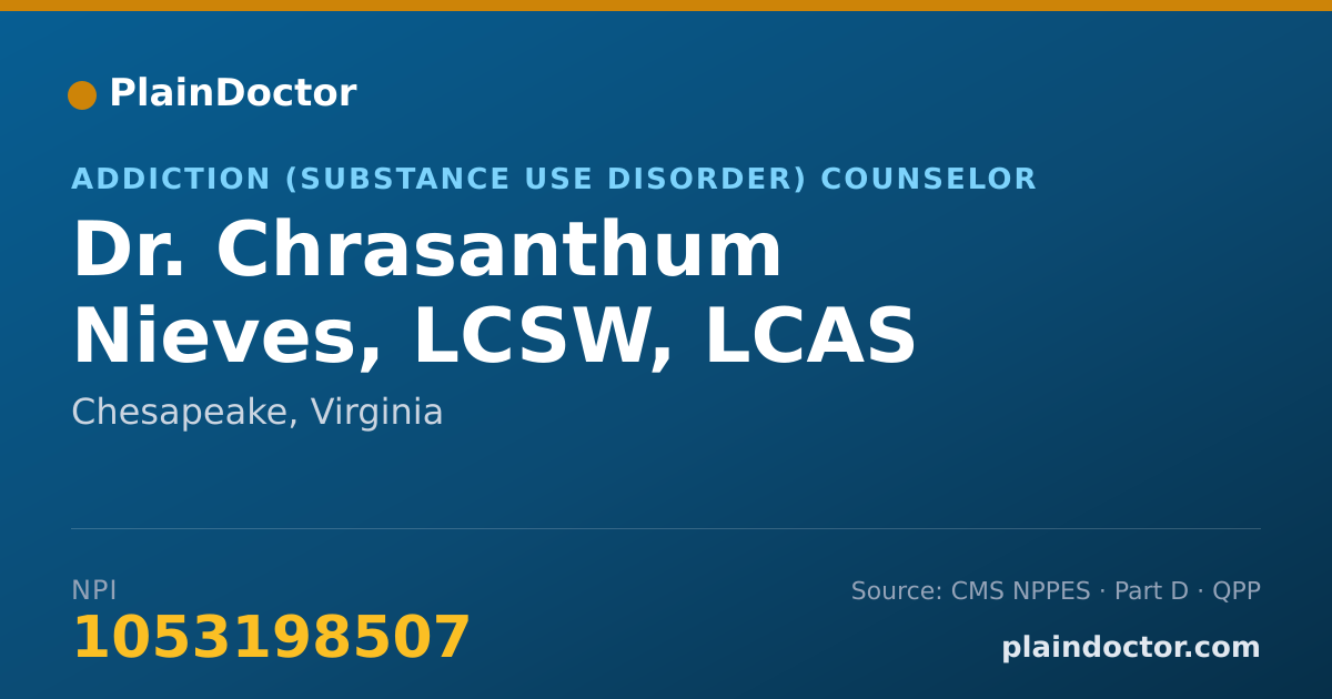 Shareable card for Chrasanthum Nieves, LCSW, LCAS - Addiction (Substance Use Disorder) Counselor, Chesapeake, VA