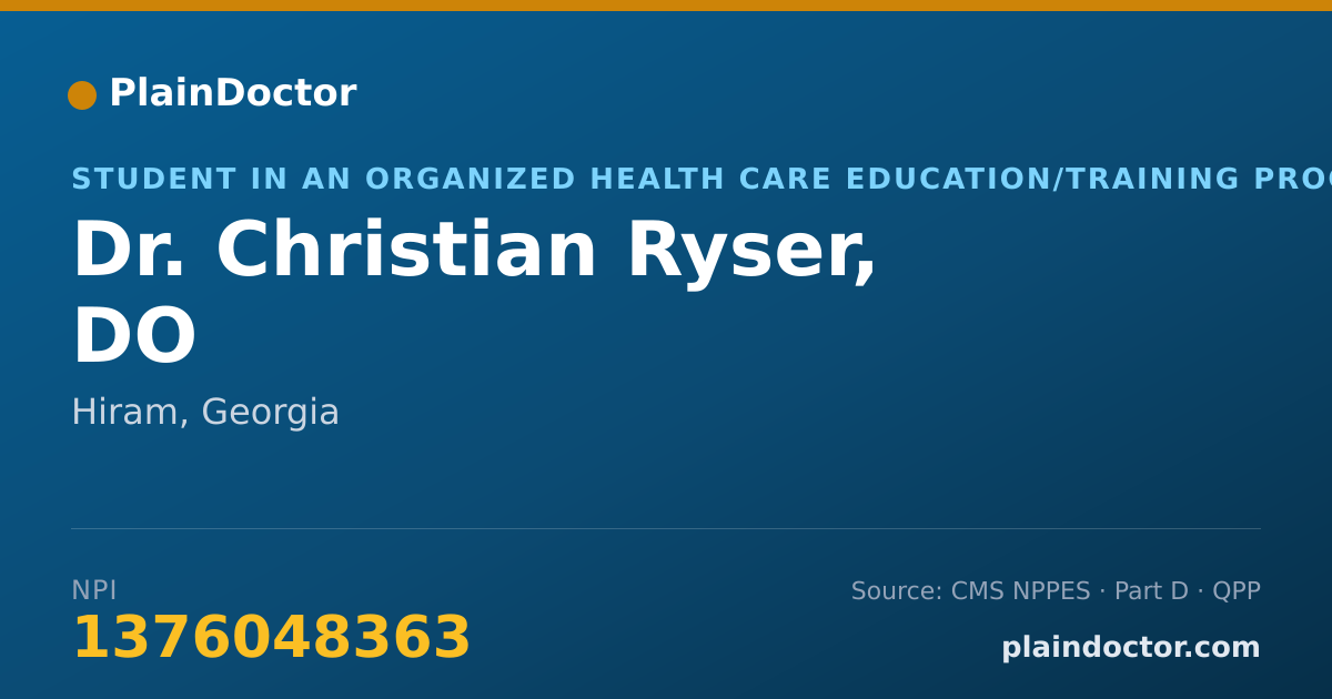 Shareable card for Christian Ryser, DO - Student in an Organized Health Care Education/Training Program, Hiram, GA
