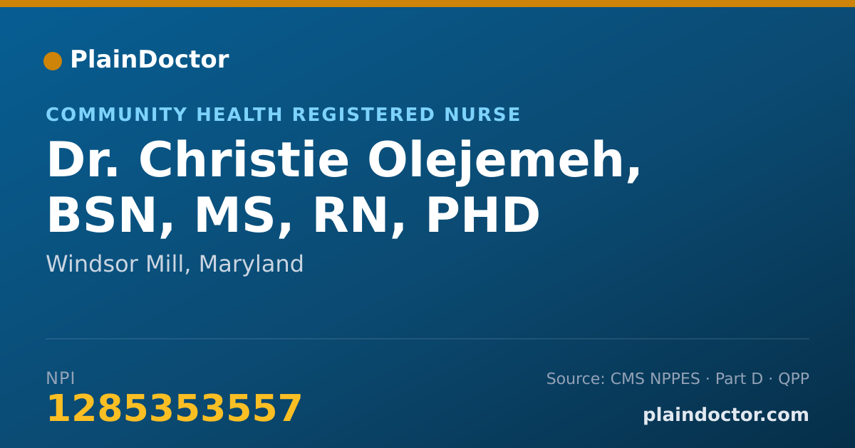Shareable card for Christie Olejemeh, BSN, MS, RN, PHD - Community Health Registered Nurse, Windsor Mill, MD