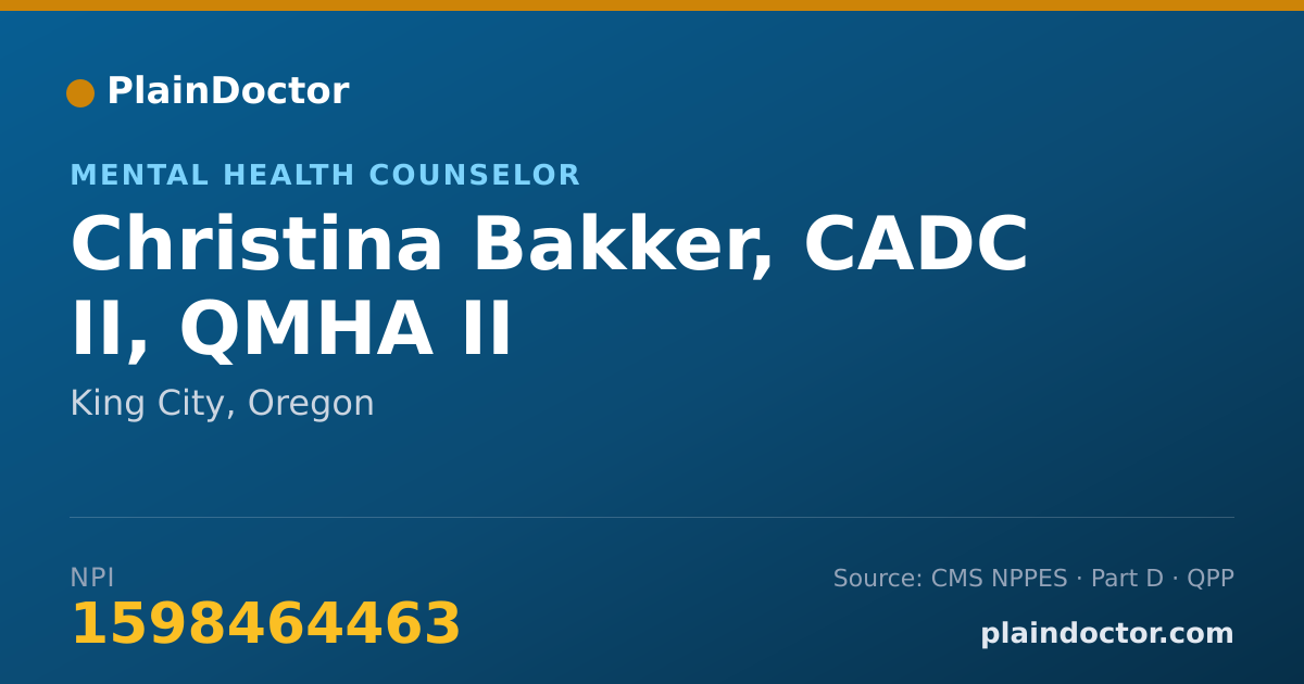 Shareable card for Christina Bakker, CADC II, QMHA II - Mental Health Counselor, King City, OR