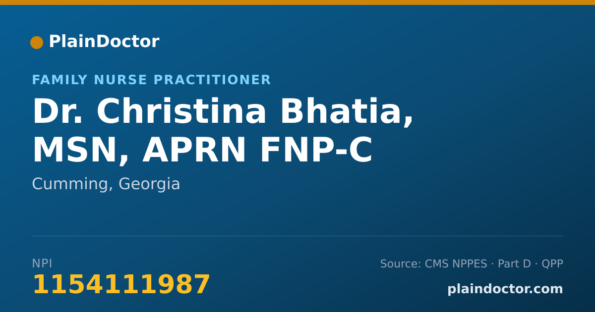 Shareable card for Christina Bhatia, MSN, APRN FNP-C - Family Nurse Practitioner, Cumming, GA