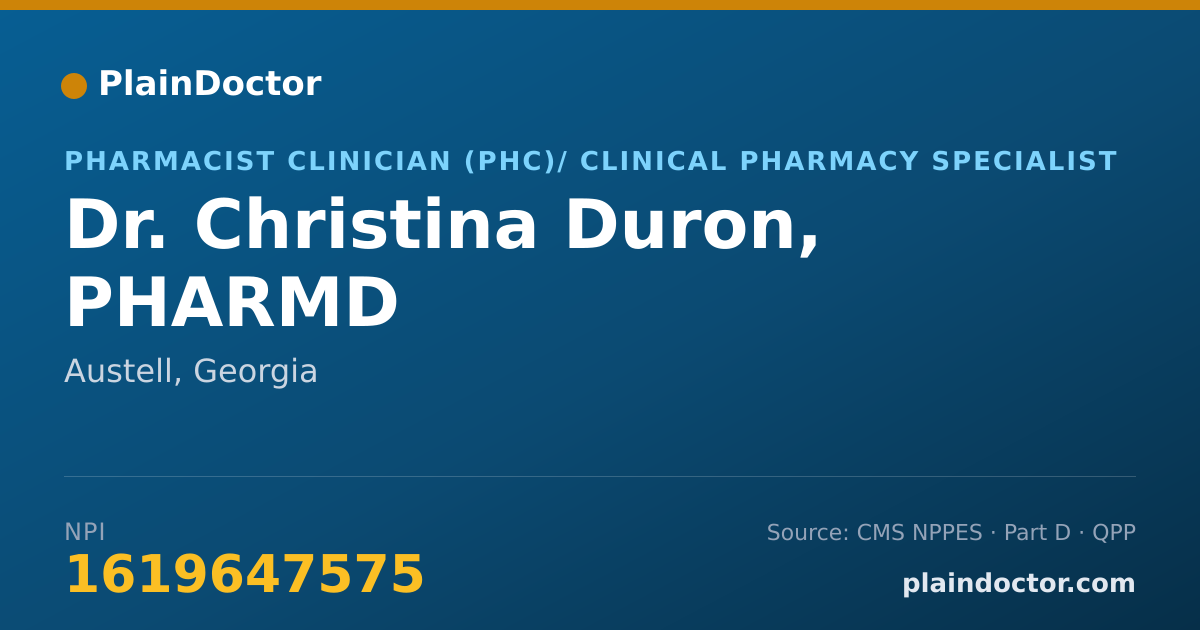 Shareable card for Christina Duron, PHARMD - Pharmacist Clinician (PhC)/ Clinical Pharmacy Specialist, Austell, GA